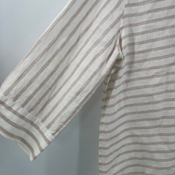 CHICO'S Shirt Size 12/14 No Iron Button Down 100% Linen Stripes White Neutral - Picture 11 of 13
